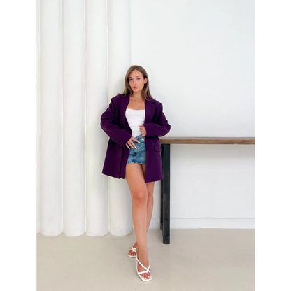Düğme Detay Kruvaze Yaka Blazer Ceket Mor