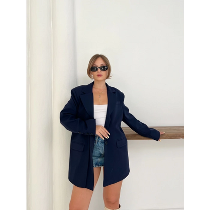 Düğme Detay Kruvaze Yaka Blazer Ceket Lacivert