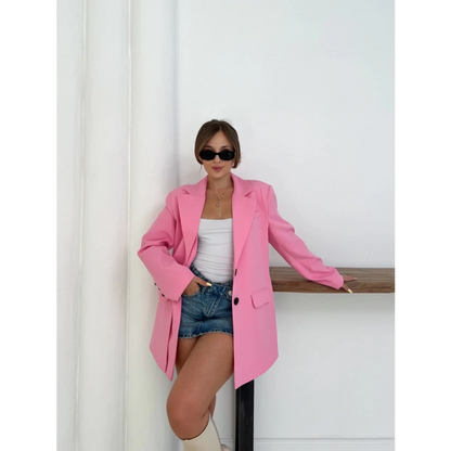 Düğme Detay Kruvaze Yaka Blazer Ceket Pembe