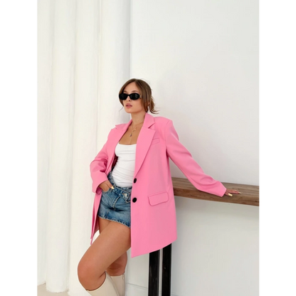 Düğme Detay Kruvaze Yaka Blazer Ceket Pembe