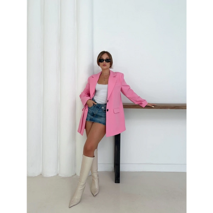 Düğme Detay Kruvaze Yaka Blazer Ceket Pembe