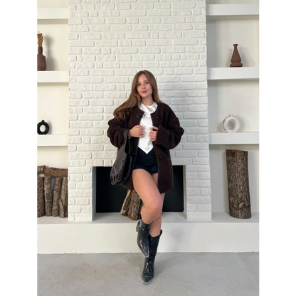 Düğme Detay Teddy Oversize Ceket Kahverengi