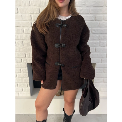Düğme Detay Teddy Oversize Ceket Kahverengi