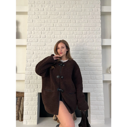 Düğme Detay Teddy Oversize Ceket Kahverengi