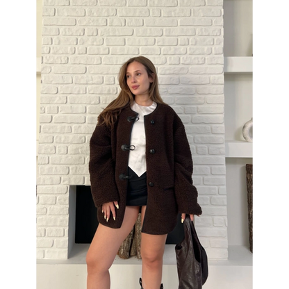 Düğme Detay Teddy Oversize Ceket Kahverengi