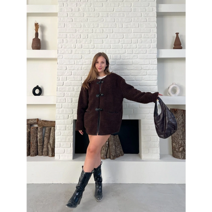 Düğme Detay Teddy Oversize Ceket Kahverengi