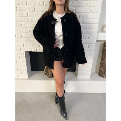 Düğme Detay Teddy Oversize Ceket Siyah