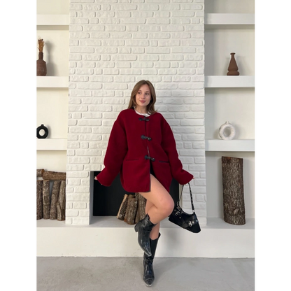 Düğme Detay Teddy Oversize Ceket Bordo