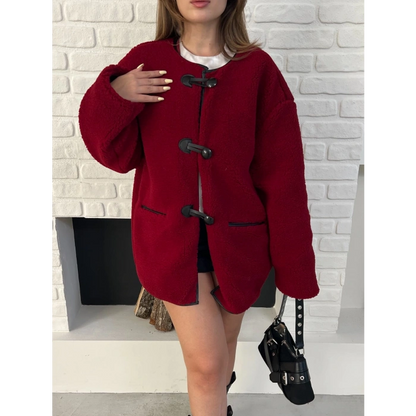 Düğme Detay Teddy Oversize Ceket Bordo