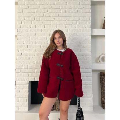 Düğme Detay Teddy Oversize Ceket Bordo