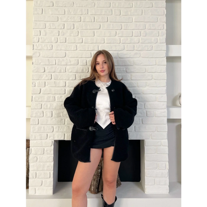 Düğme Detay Teddy Oversize Ceket Siyah