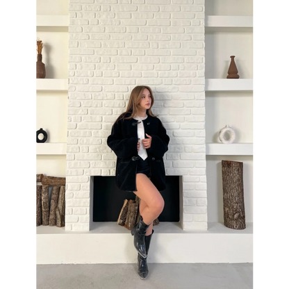 Düğme Detay Teddy Oversize Ceket Siyah