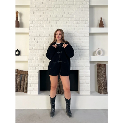 Düğme Detay Teddy Oversize Ceket Siyah