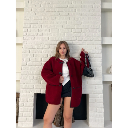 Düğme Detay Teddy Oversize Ceket Bordo
