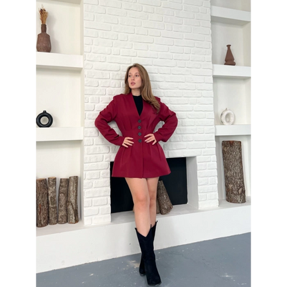 Düğme Detaylı Ceket Elbise Bordo