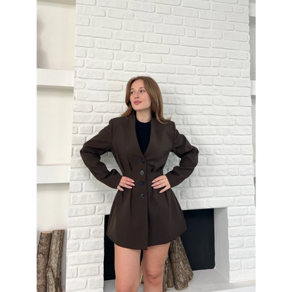 Düğme Detaylı Ceket Elbise Kahverengi