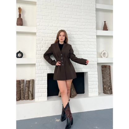 Düğme Detaylı Ceket Elbise Kahverengi