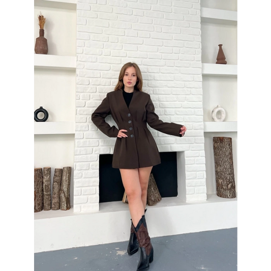 Düğme Detaylı Ceket Elbise Kahverengi