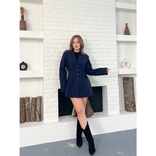 Düğme Detaylı Ceket Elbise Lacivert