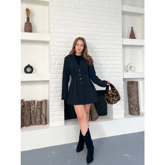 Düğme Detaylı Ceket Elbise Siyah