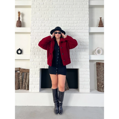 Düğme Detaylı Cepli Peluş Kaban Bordo