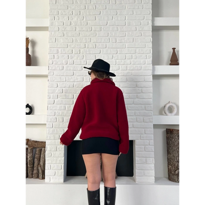 Düğme Detaylı Cepli Peluş Kaban Bordo