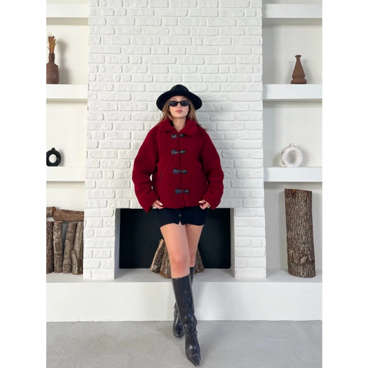Düğme Detaylı Cepli Peluş Kaban Bordo
