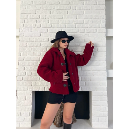 Düğme Detaylı Cepli Peluş Kaban Bordo