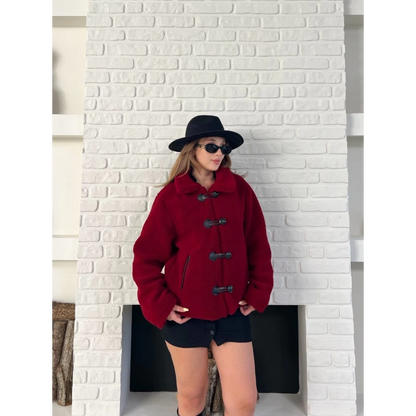 Düğme Detaylı Cepli Peluş Kaban Bordo