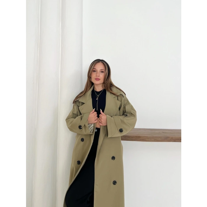 Düğme Detaylı Oversize Trençkot Haki