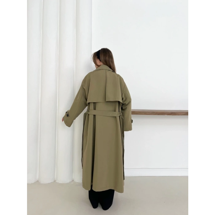 Düğme Detaylı Oversize Trençkot Haki