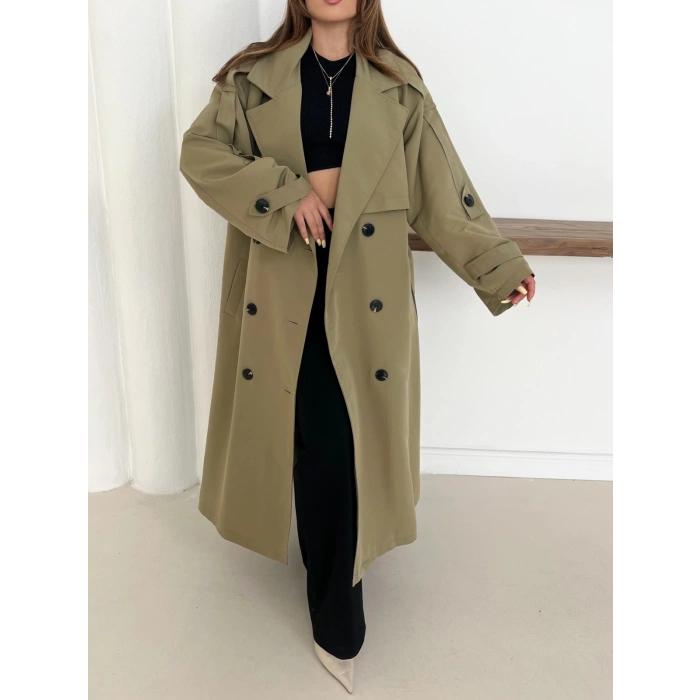 Düğme Detaylı Oversize Trençkot Haki