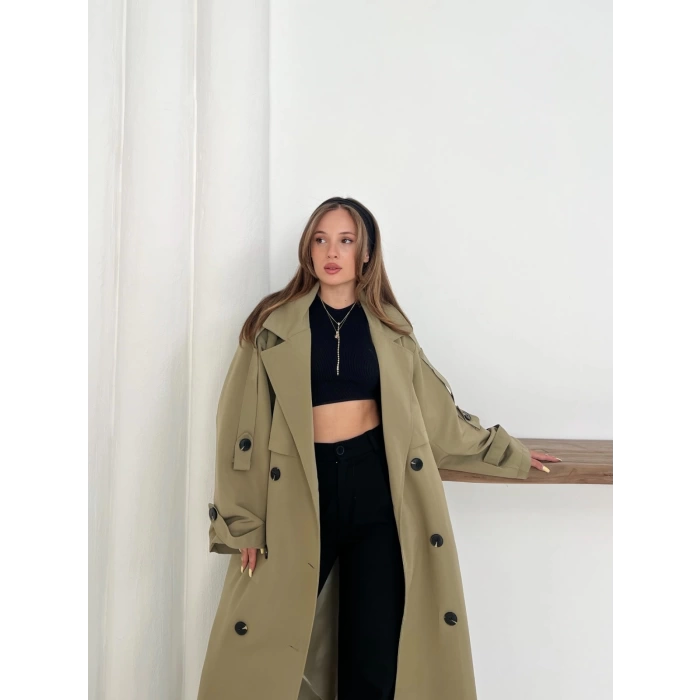 Düğme Detaylı Oversize Trençkot Haki