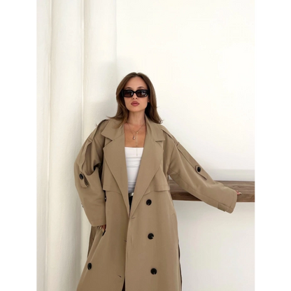 Düğme Detaylı Oversize Trençkot Krem