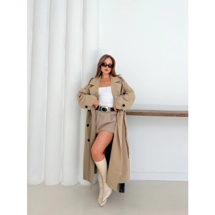 Düğme Detaylı Oversize Trençkot Krem