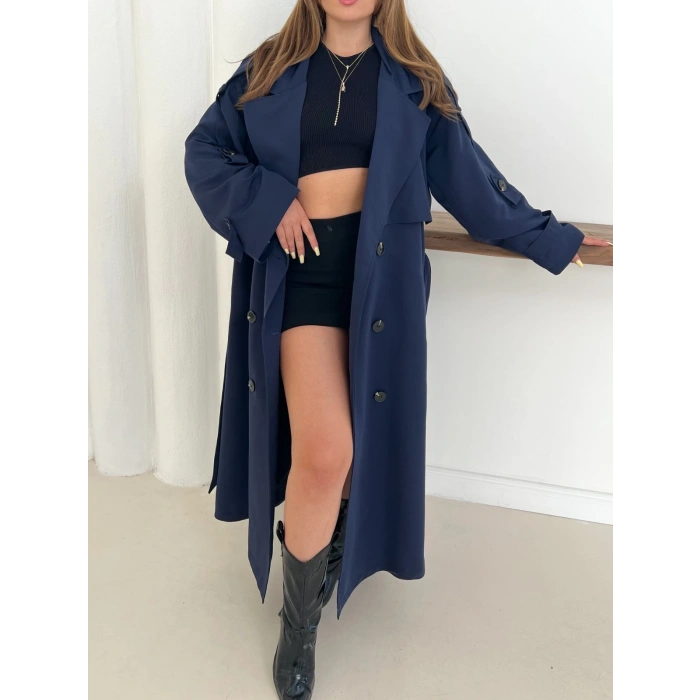 Düğme Detaylı Oversize Trençkot Lacivert