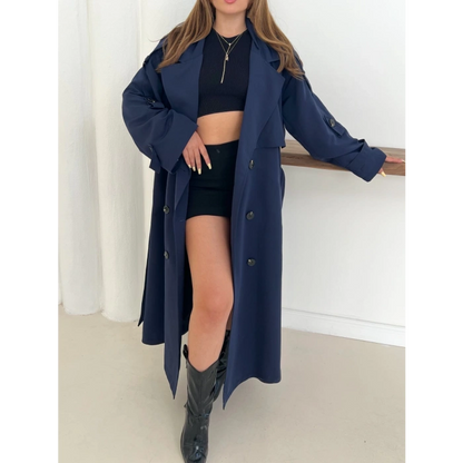 Düğme Detaylı Oversize Trençkot Lacivert