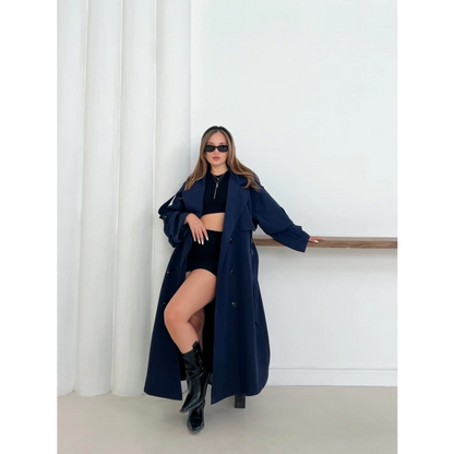 Düğme Detaylı Oversize Trençkot Lacivert