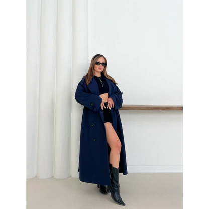 Düğme Detaylı Oversize Trençkot Lacivert