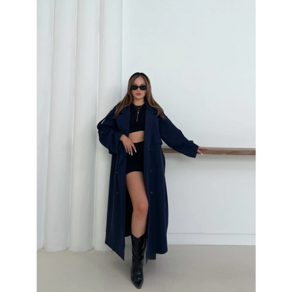 Düğme Detaylı Oversize Trençkot Lacivert