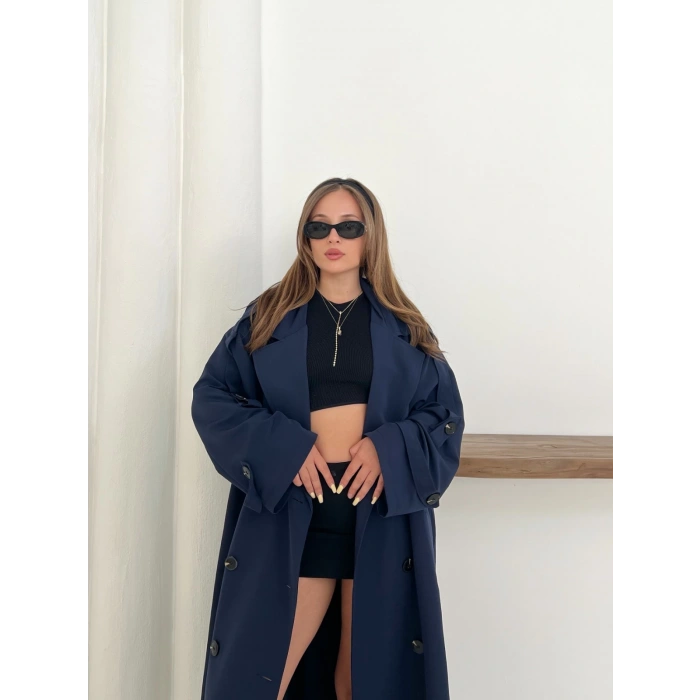 Düğme Detaylı Oversize Trençkot Lacivert