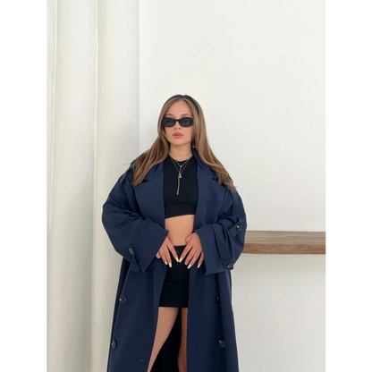 Düğme Detaylı Oversize Trençkot Lacivert