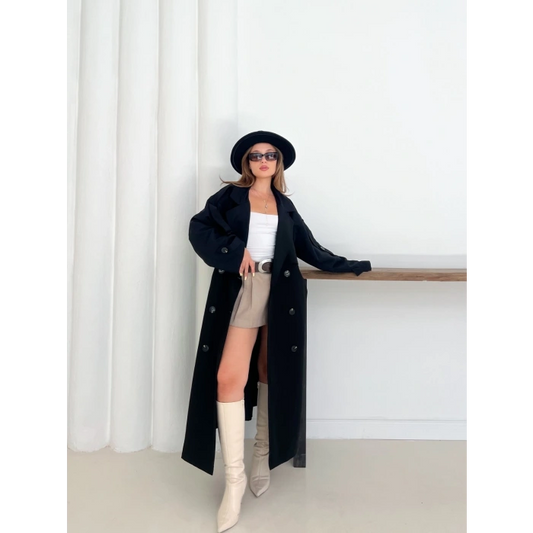 Düğme Detaylı Oversize Trençkot Siyah