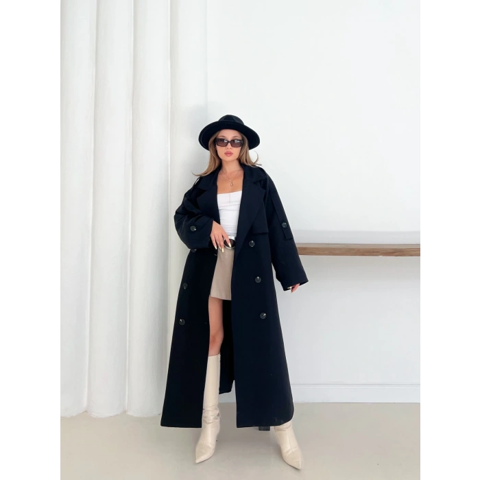 Düğme Detaylı Oversize Trençkot Siyah