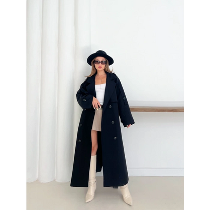 Düğme Detaylı Oversize Trençkot Siyah