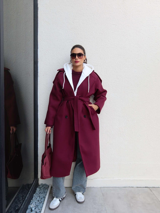 Düğme Kapüşon Kuşaklı Kaban Bordo