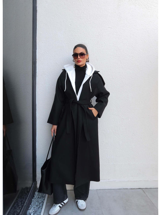 Düğme Kapüşon Kuşaklı Kaban Siyah
