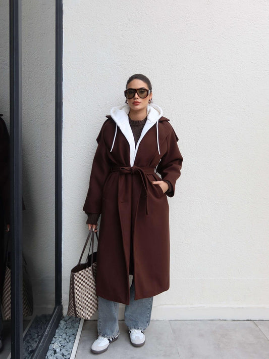 Düğme Kapüşon Kuşaklı Kaban Kahve