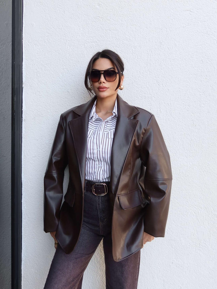 Düz Kesim Deri Blazer Ceket