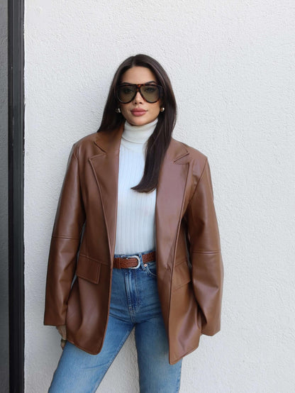 Düz Kesim Deri Blazer Ceket